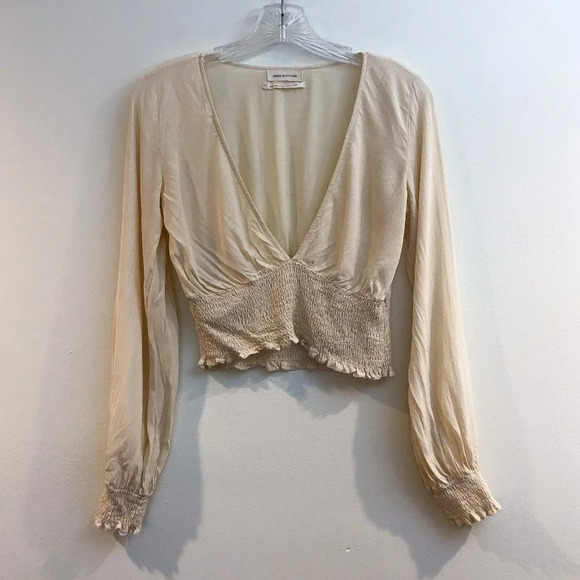 Urban Outfitters Plunging V Neck Bohemian Long Sleeve Cream Sheer Blouse Small - Picture 2 of 7